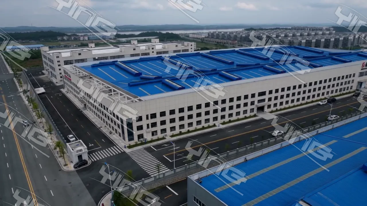 The DECO-PRO machinery plant in Shiyan, Hubei, seen from the air above the road outside its entrance