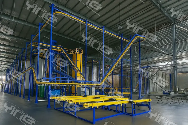 Overhead monorail conveyor routing through a coating plant