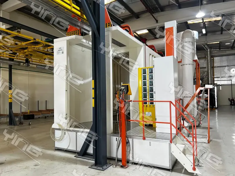 Powder coating booth with cyclone powder recovery and access platform